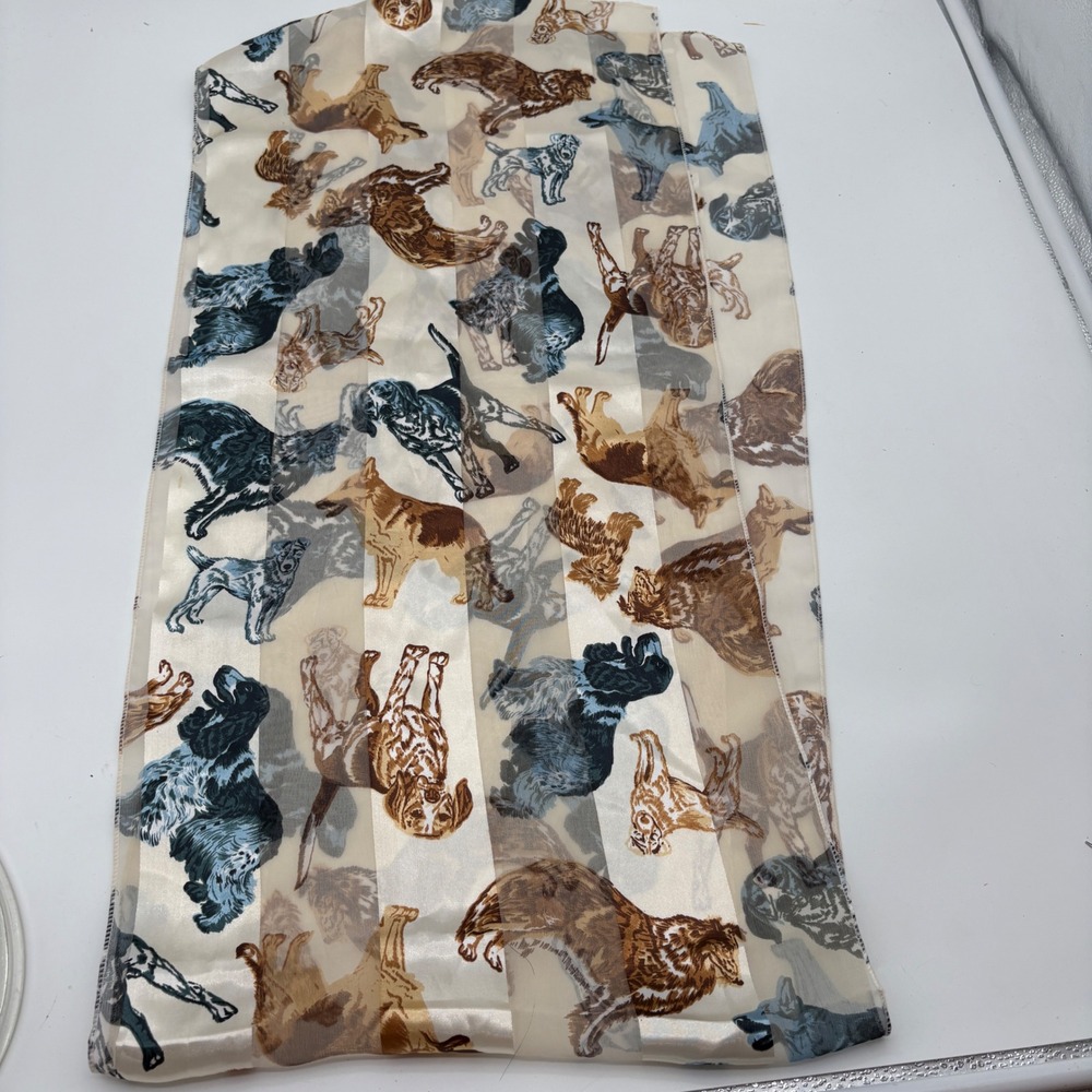 Vintage Dog Breed Print Striped Sheer Scarf Cream Brown Blue Made in Korea